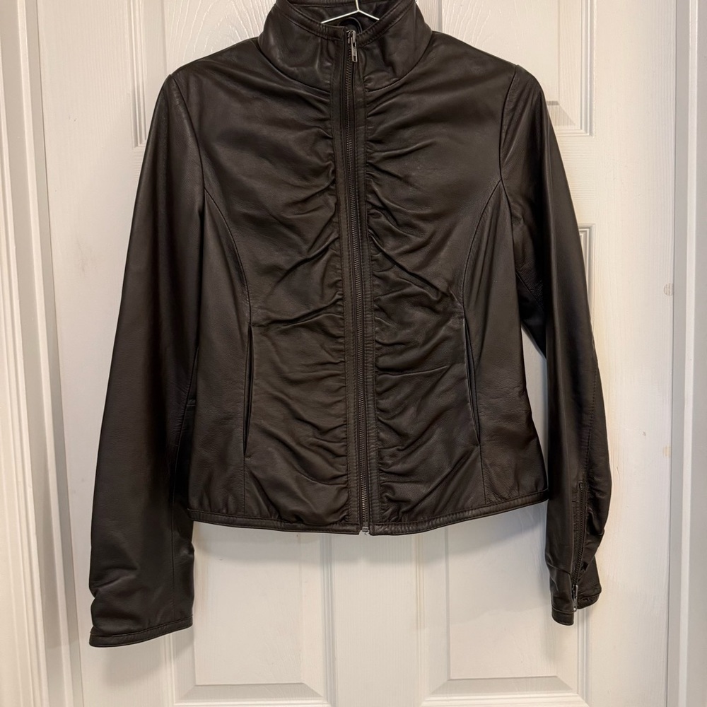 Vintage Like New Black Rivet Ruched Front Leather Jacket